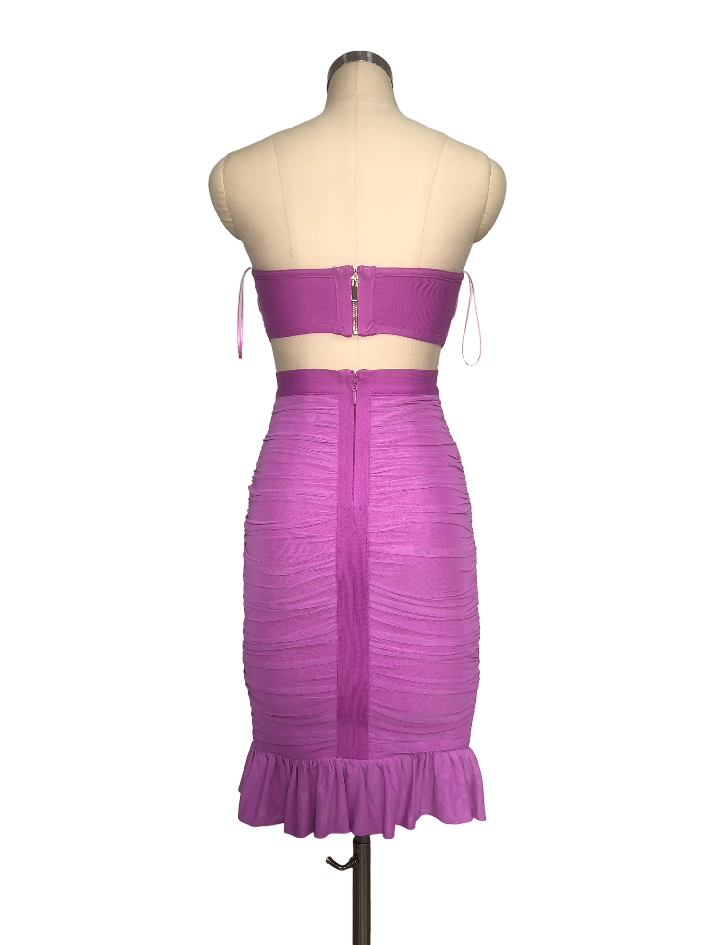 Strapless Ruched Cutout Bandage Midi Dress with Ruffle Hem