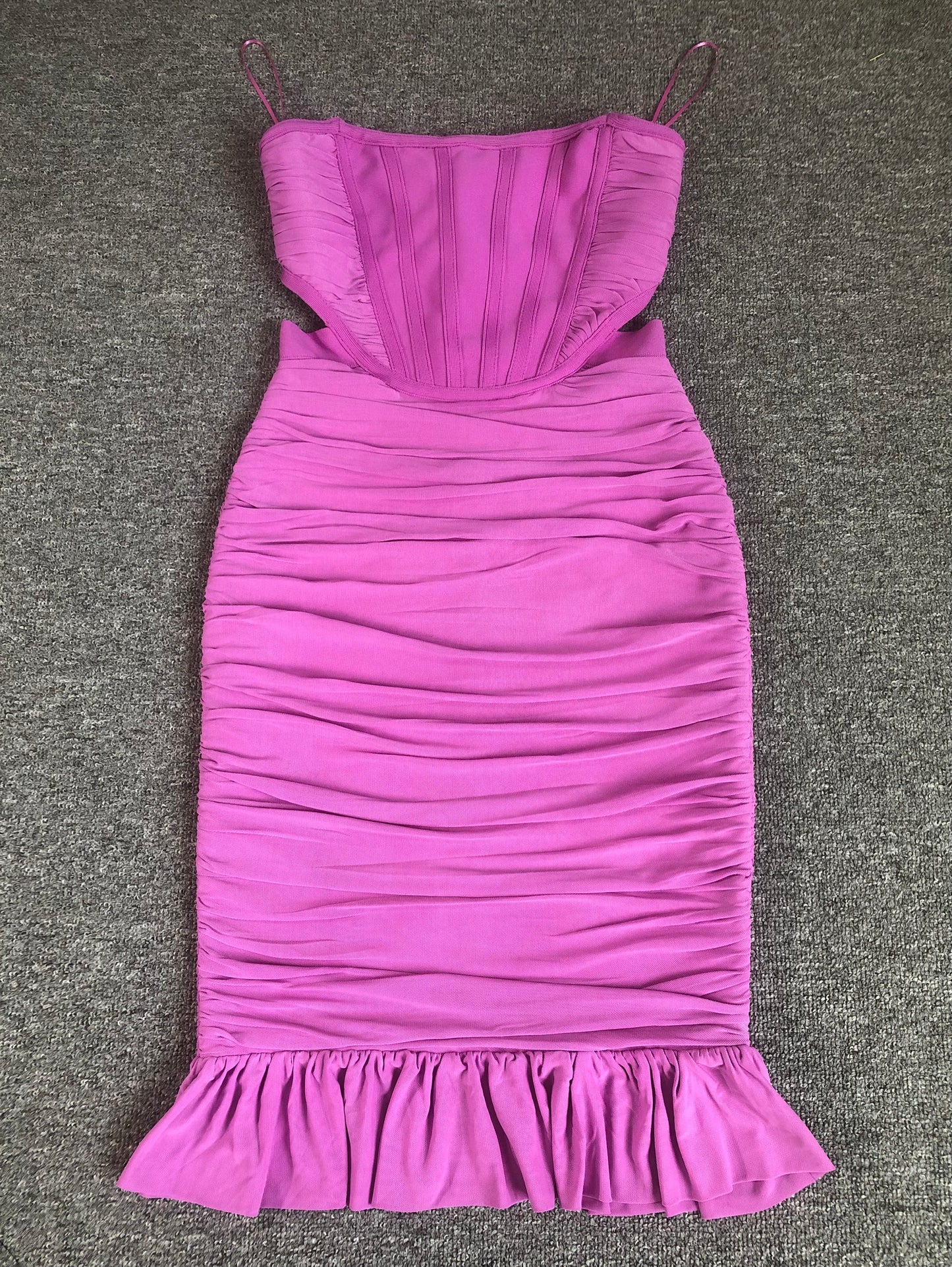 Strapless Ruched Cutout Bandage Midi Dress with Ruffle Hem