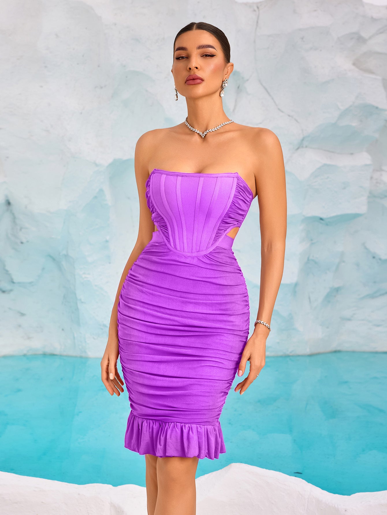 Strapless Ruched Cutout Bandage Midi Dress with Ruffle Hem