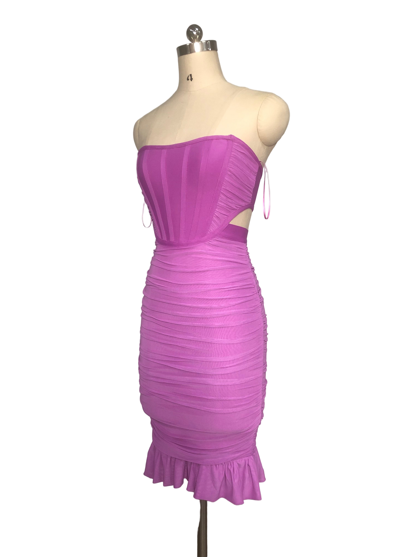 Strapless Ruched Cutout Bandage Midi Dress with Ruffle Hem