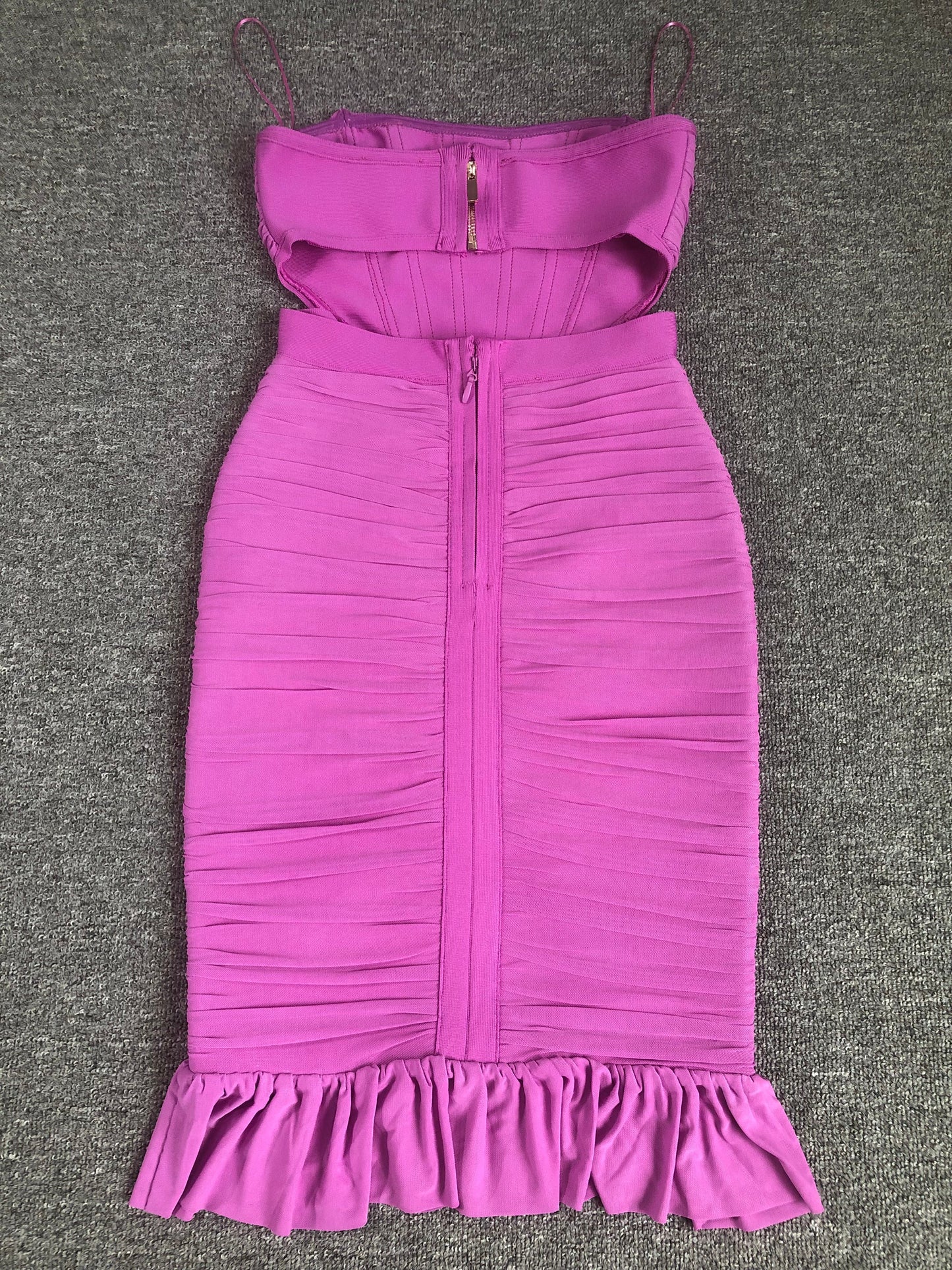 Strapless Ruched Cutout Bandage Midi Dress with Ruffle Hem