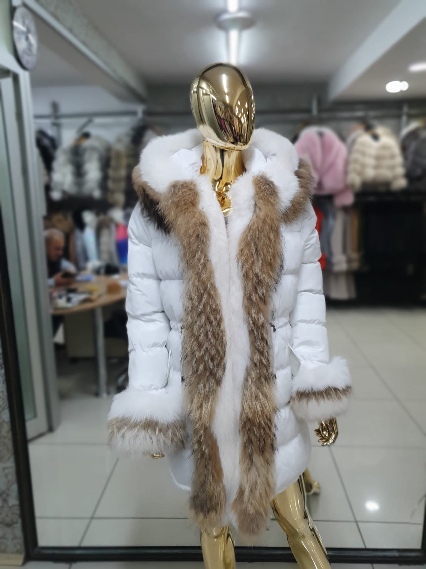 FOX FUR TRIM LONG DOWN JACKET IN WHITE