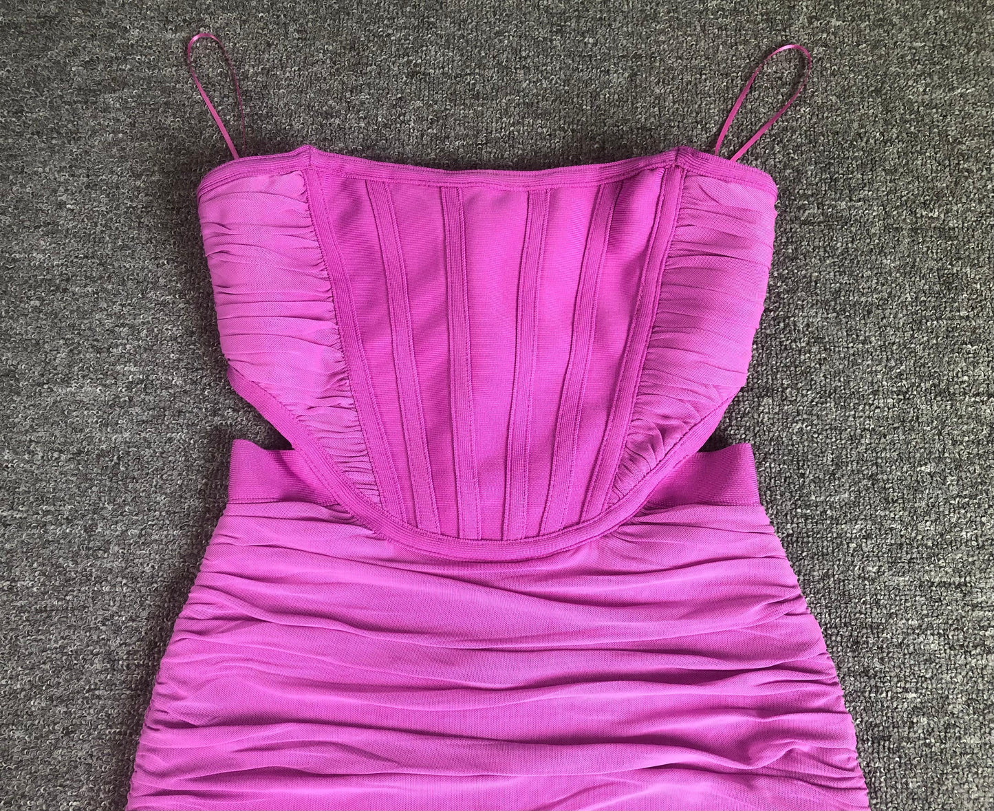 Strapless Ruched Cutout Bandage Midi Dress with Ruffle Hem