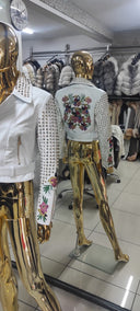 CHAQUETA BIKER BORDADA EN PIEL GENUINA EN BLANCO