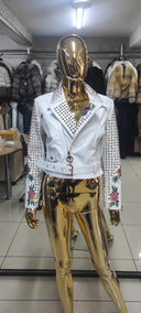 CHAQUETA BIKER BORDADA EN PIEL GENUINA EN BLANCO