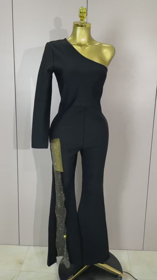 Shiny Sequin Mesh One-Shoulder Bell-Bottom Bandage Jumpsuit