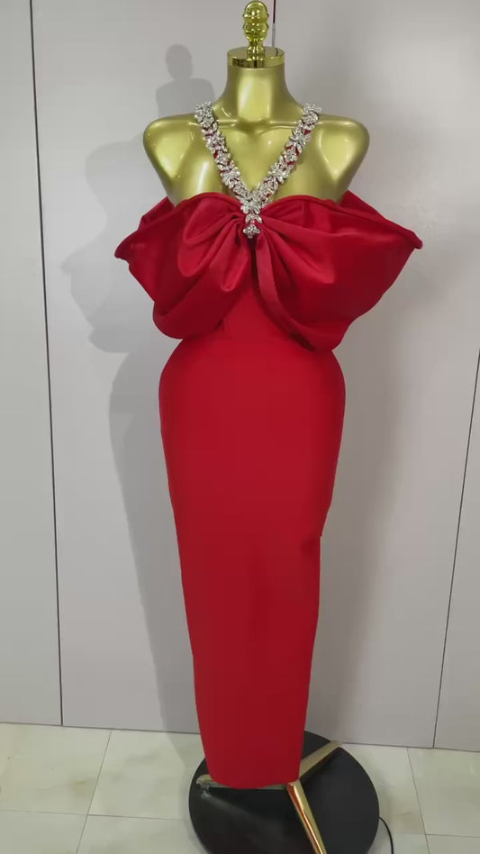 Luxury Red Off-Shoulder Rhinestone Butterfly Bodycon Long Dress