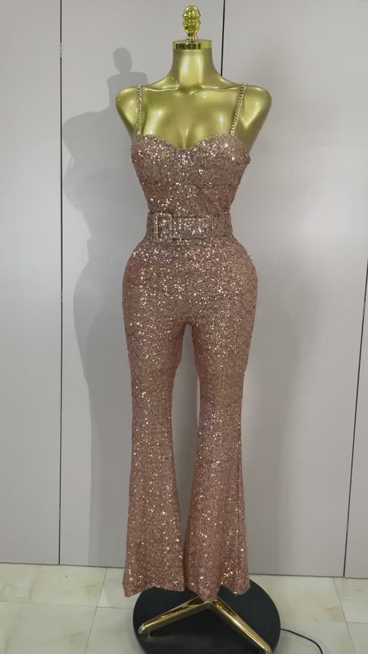 Shiny Sequin Halter Backless Bodycon Jumpsuit