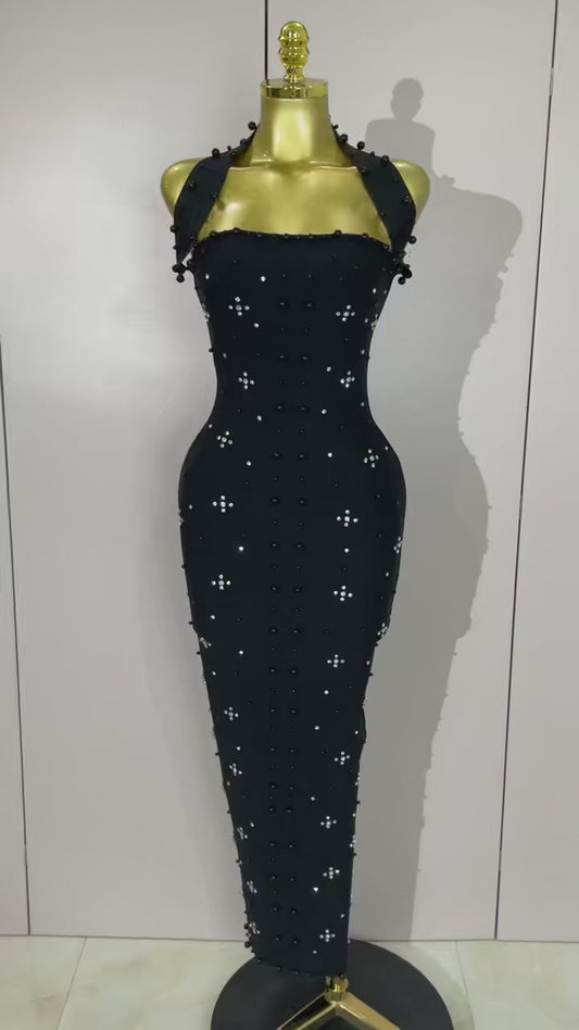 Sparkling Rhinestone Pearl Sleeveless Bodycon Bandage Long Dress
