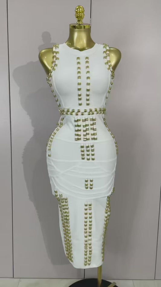 White Metal Buckle Sleeveless Bodycon Bandage Dress