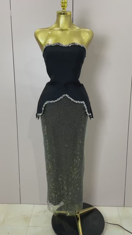 Luxury Black Diamond Top & Skirt Two-Piece Party Dress