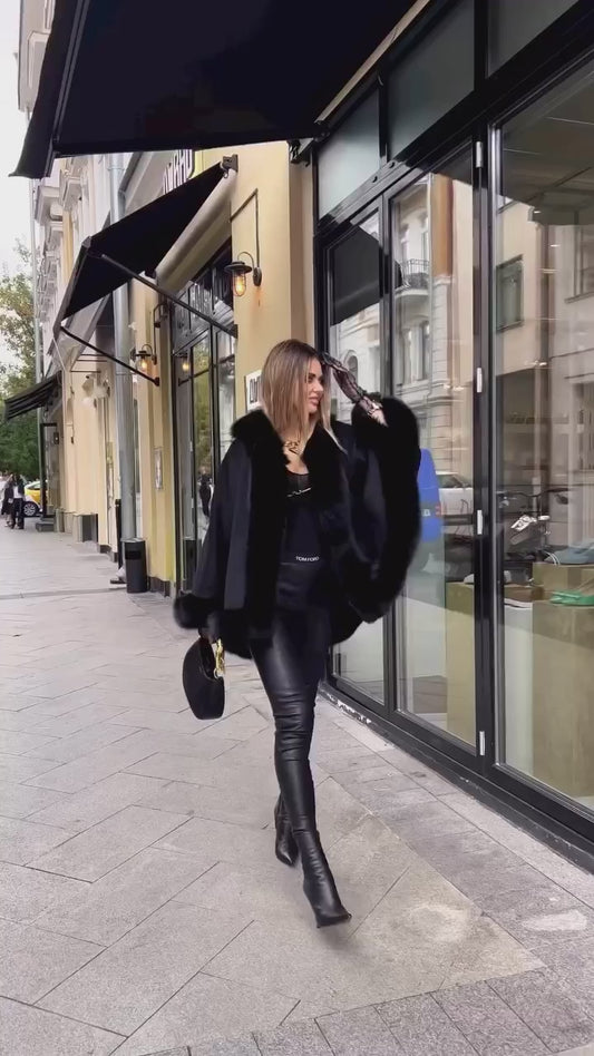 FOX FUR CASHMERE PONCHO IN BLACK